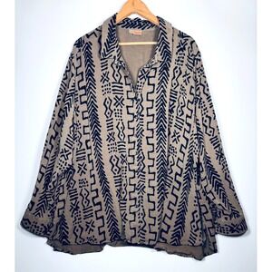 Tianello Blouse Womens 3X Brown Black Geometric Print Tencel Rayon‎ Artwear USA